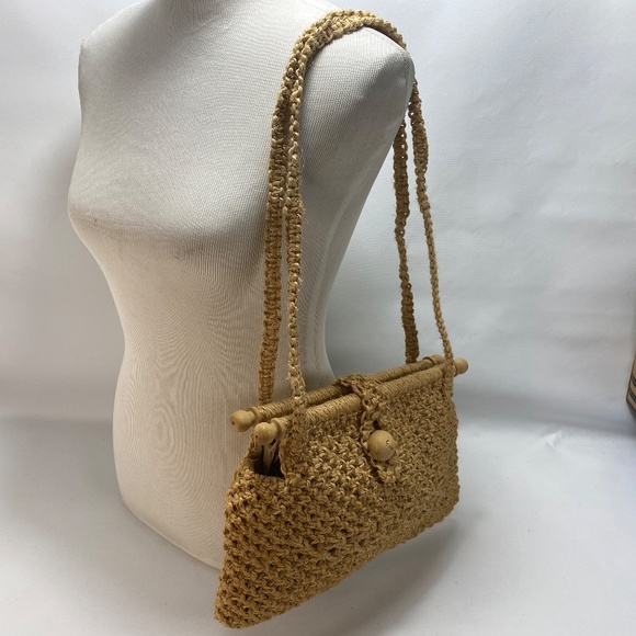 Vintage Kathy McKeany Natural Jute Macrame Handbag Purse Lined Columbia Boho - Picture 7 of 10